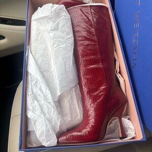 Stuart Weitzman Red Croc-Patterned Heeled Boots